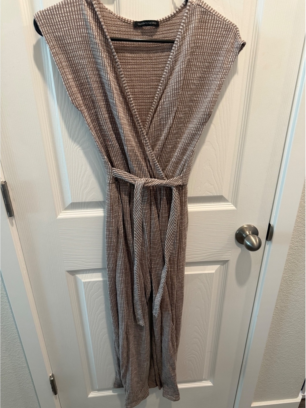 Caution to the Wind taupe waffle knit sleeveless belted pantsuit